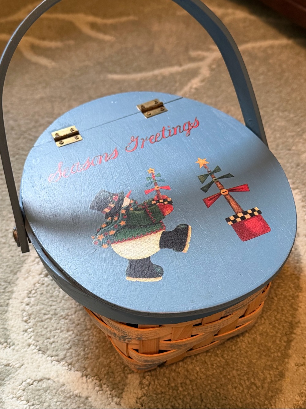 Seasons Greetings Christmas Holidays snowman basket with lid wooden